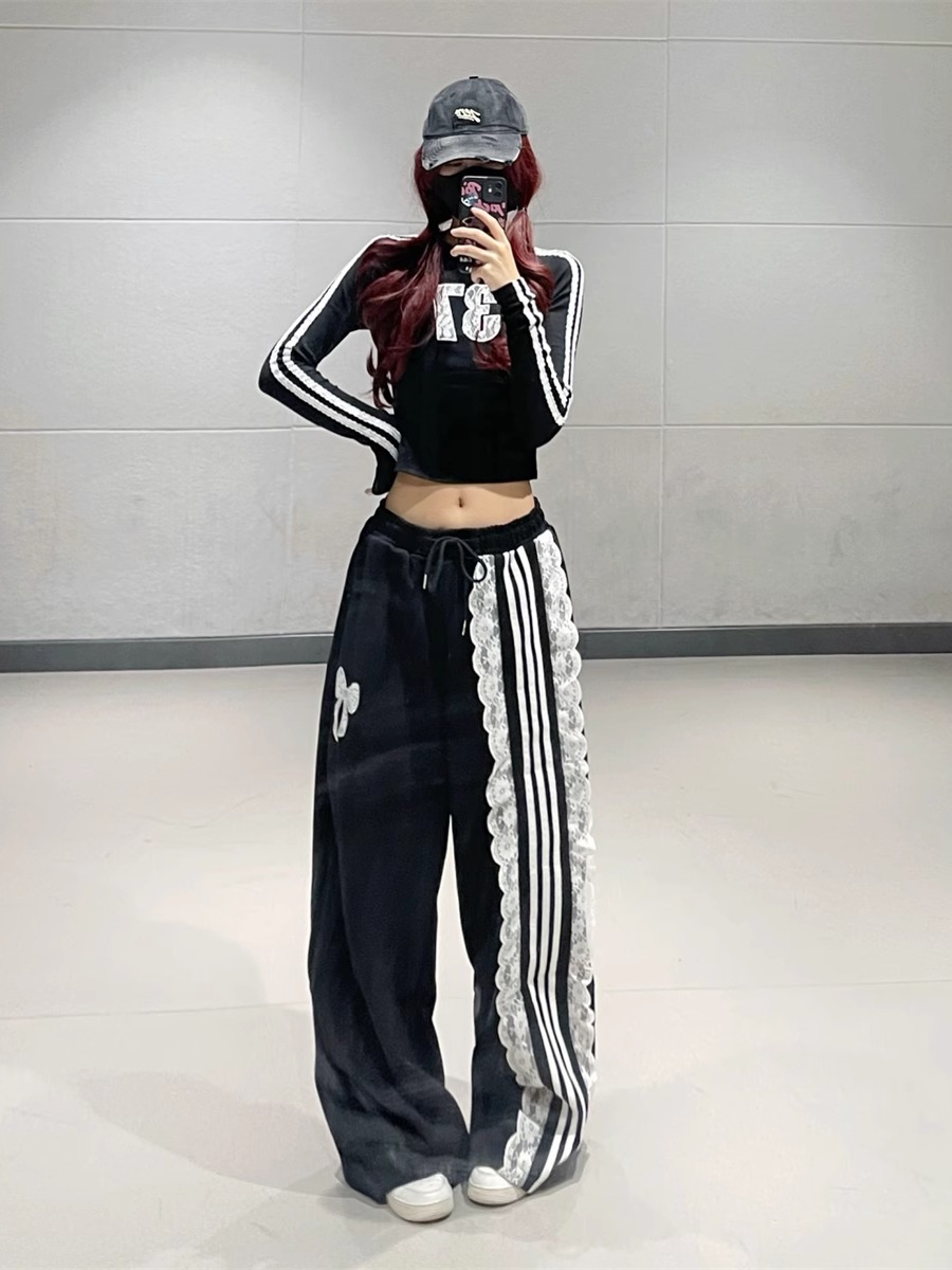 Sweet Cool Style Ballet Sports Pants Women's Spring and Autumn Vintage Embroidered Bow Lace Ribbon Design Sense Pants Women