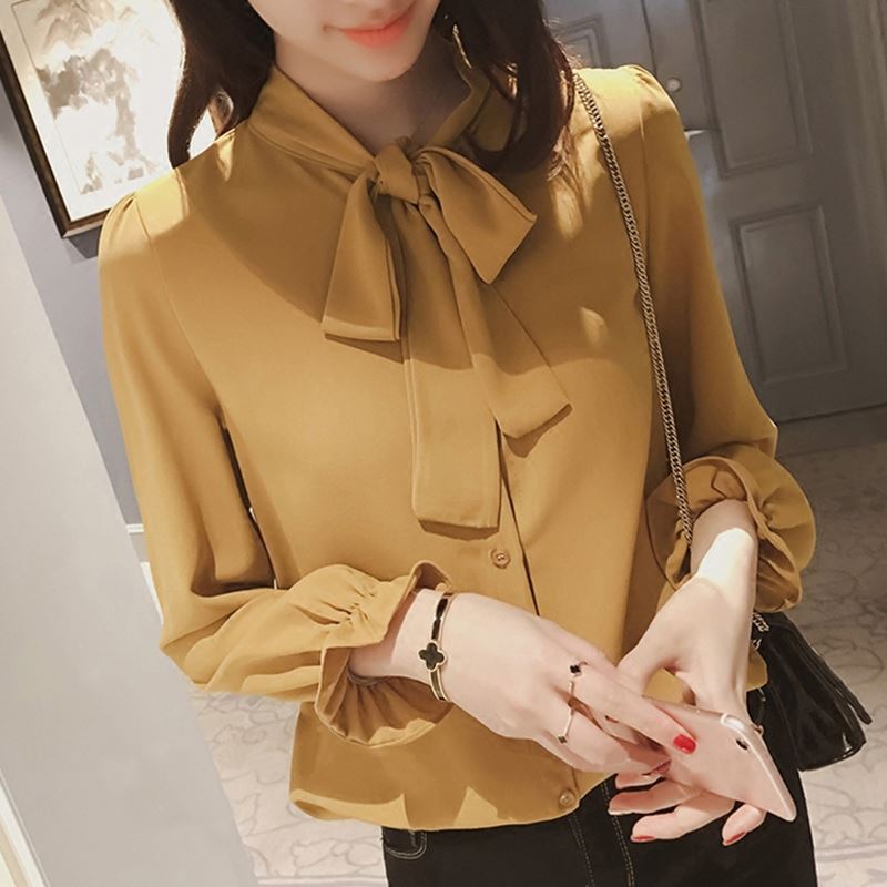 Bow White Shirt for Women 2025 Spring and Autum New Korean Style Chiffon Shirt Retro Loose Long-Sleeved Top