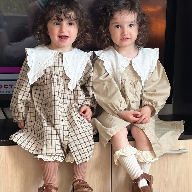 2024 children's clothing girls autumn dress Korean style fashionable lace pointed collar plaid solid color dress