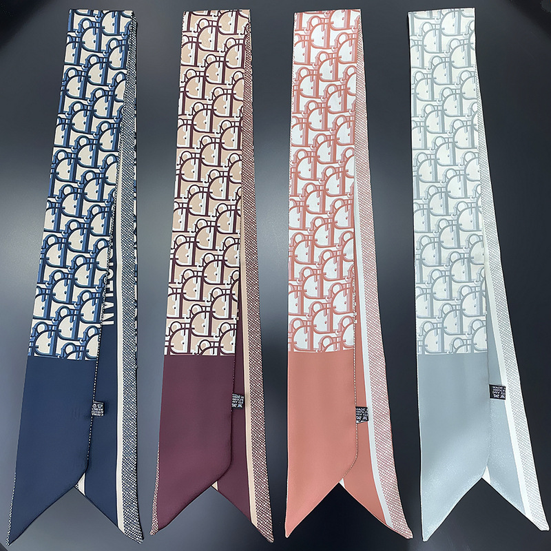 2024 Small Silk Scarf Ribbon for Women, Versatile Decorative Bag Tie, Houndstooth Letter Double-Sided Scarf with Letter Print