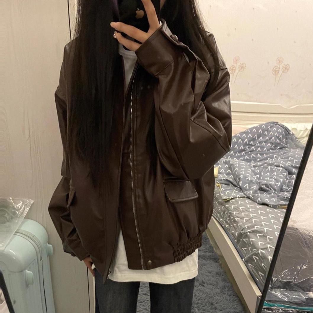 American Style High Street Vibe Style Coat Leather Jacket Women's Spring and Autumn Korean Style Laid-back Harajuku Loose PU Leather Biker Fashion