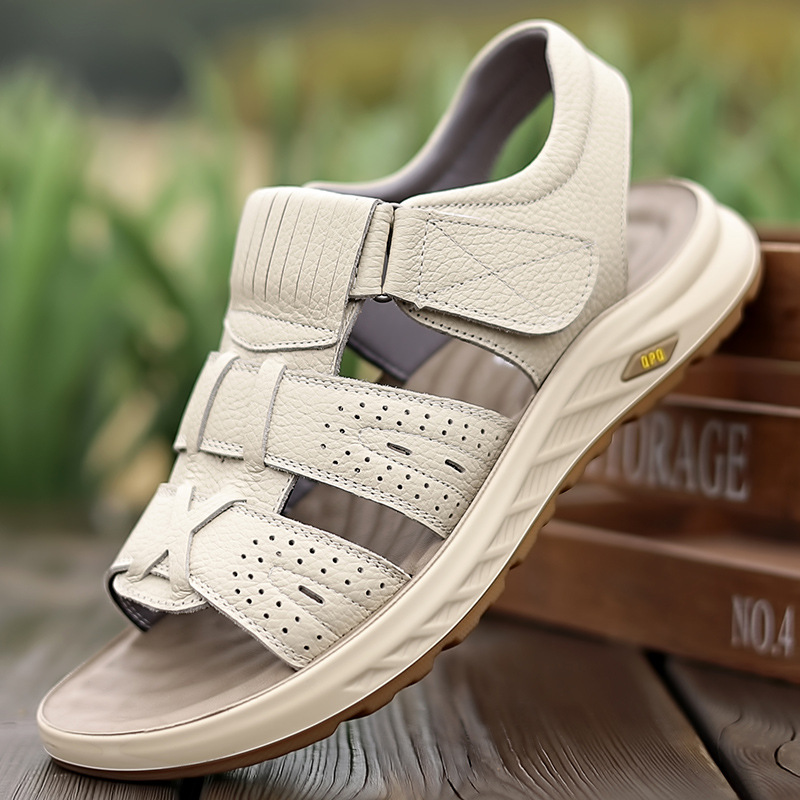 Cross-Border Sandals Summer New Style Genuine Leather Velcro Outer Wear Trendy Dad Dual-Purpose Driving Beach Soft-Soled Sandals