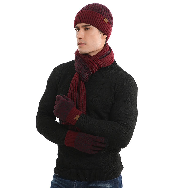 Picture of Amazon autumn and winter New European and American wool hat suit color matching knitted hat thickened scarf gloves three-piece set
