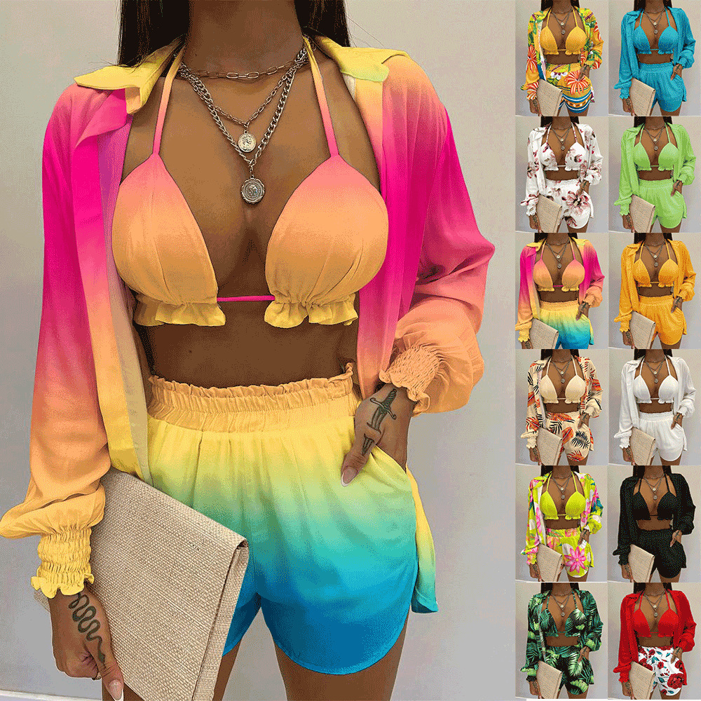 Q6623 cross-border Amazon AliExpress independent station new popular sexy summer solid color printing 3 pieces suit women