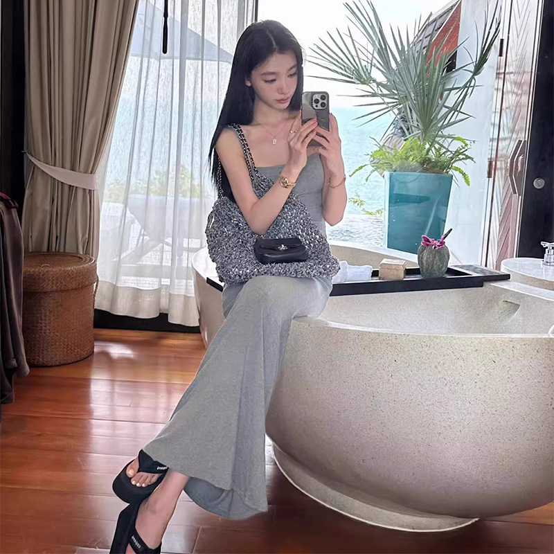 2024 New Solid Color Sling dress Slim-fit Long Pure Desire Waist Elegant Figure Sexy Long Dress