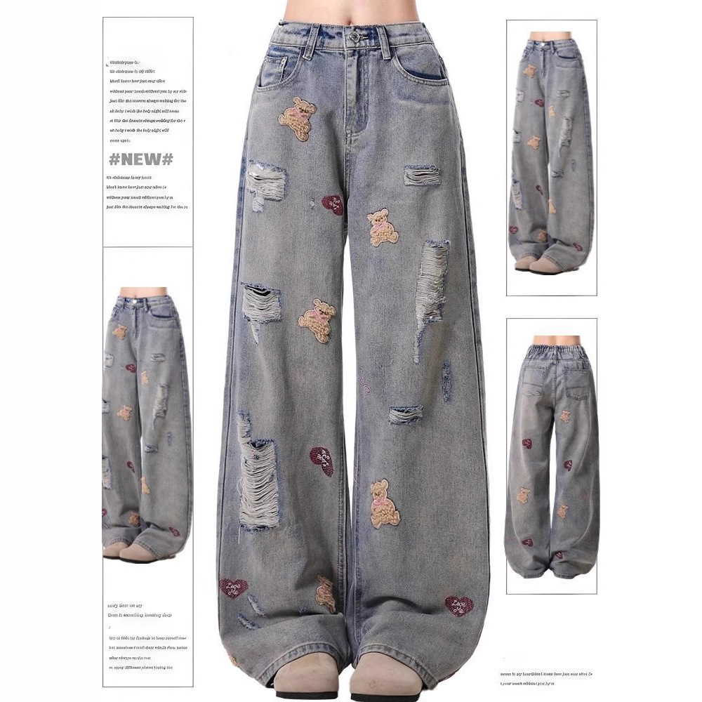 Plus-size ripped jeans women's spring and summer new 2025 American high street washed bear embroidery design wide-leg pants