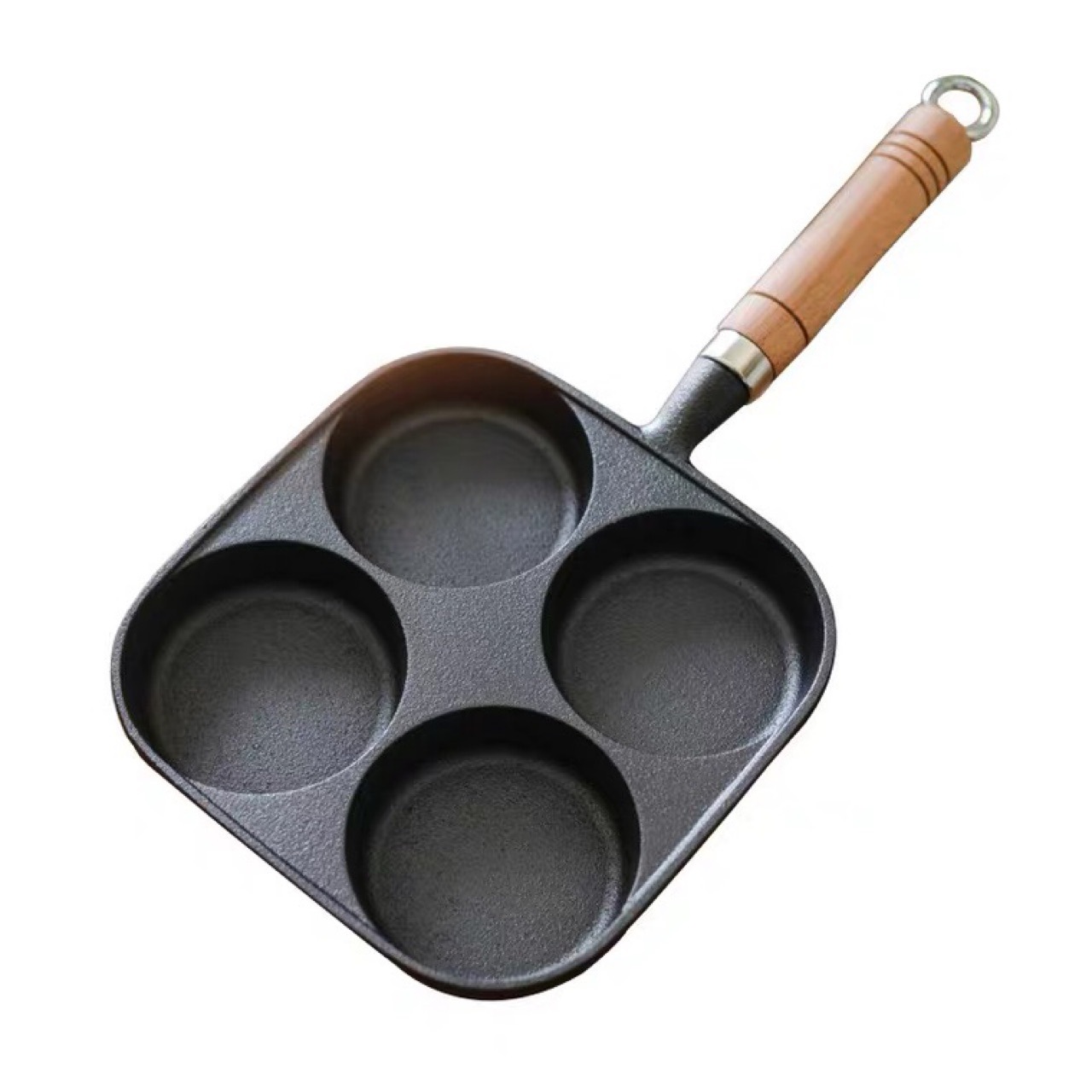 Cast Iron Wooden Handle Frying Pan Four-hole Egg Frying Pan Egg Hamburg Mold Egg Dumpling Pan Porous Egg Frying Pan Breakfast Pan