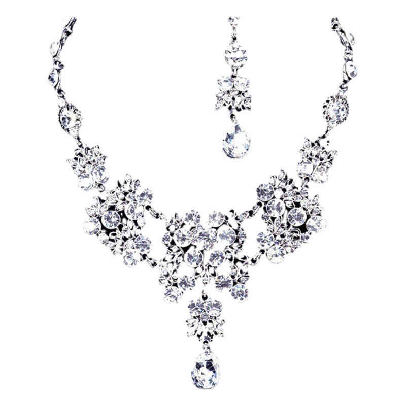 European and American style bridal jewelry necklace three-piece rhinestone alloy crown necklace earrings earrings suit wholesale New