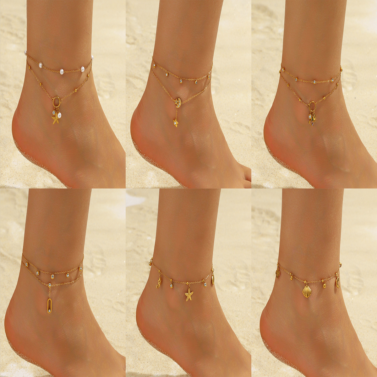 European and American Cross-Border New Products Starfish Stainless Steel Imitation Pearl Pendant Anklet Fashion Versatile Beach Foot Jewelry Wholesale for Women