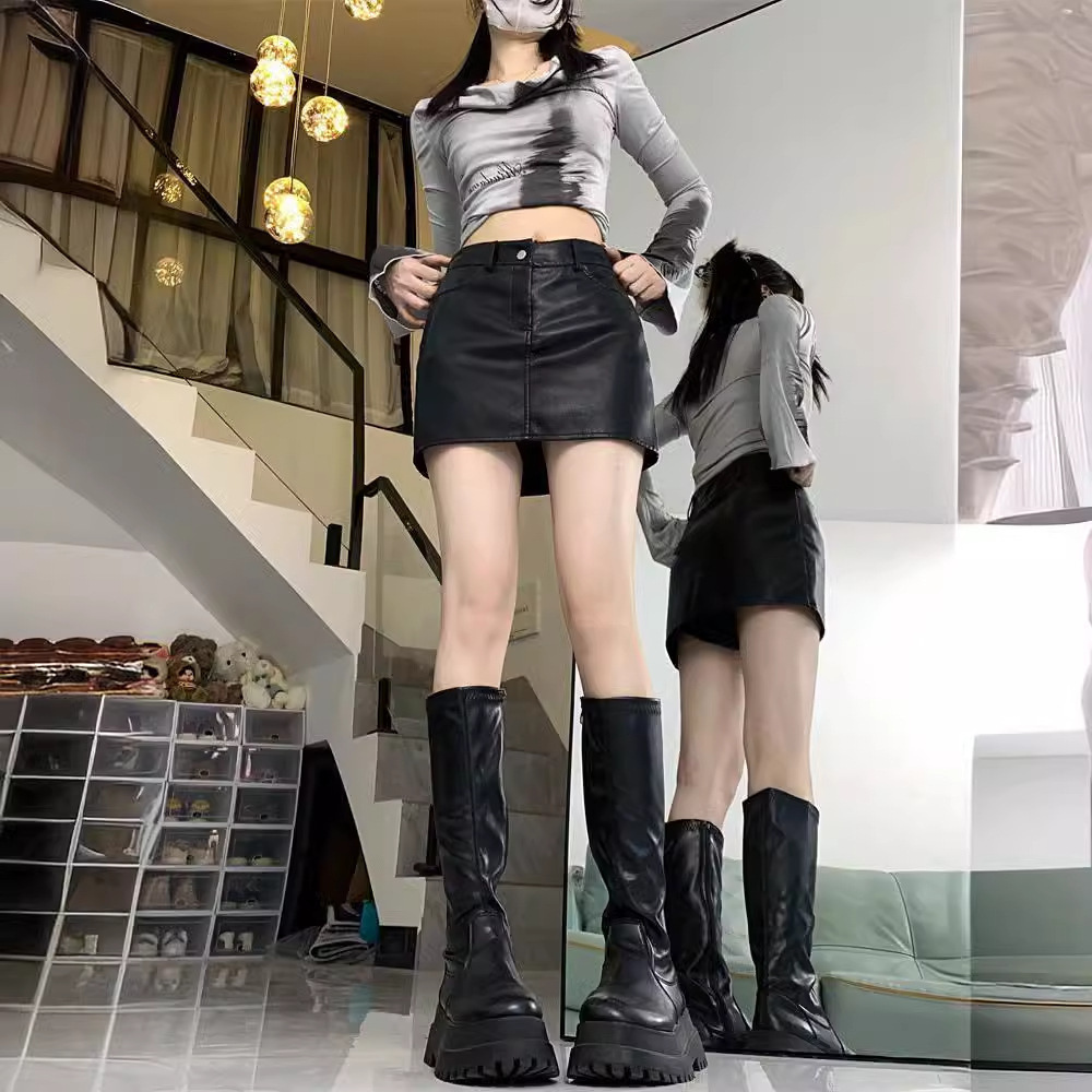 PU Leather Short Skirt Women's Autumn and Winter Korean Style plus size chubby girl Hot Girl High Waist Slimming Hip A- Line Skirt Trendy Ins Skirt