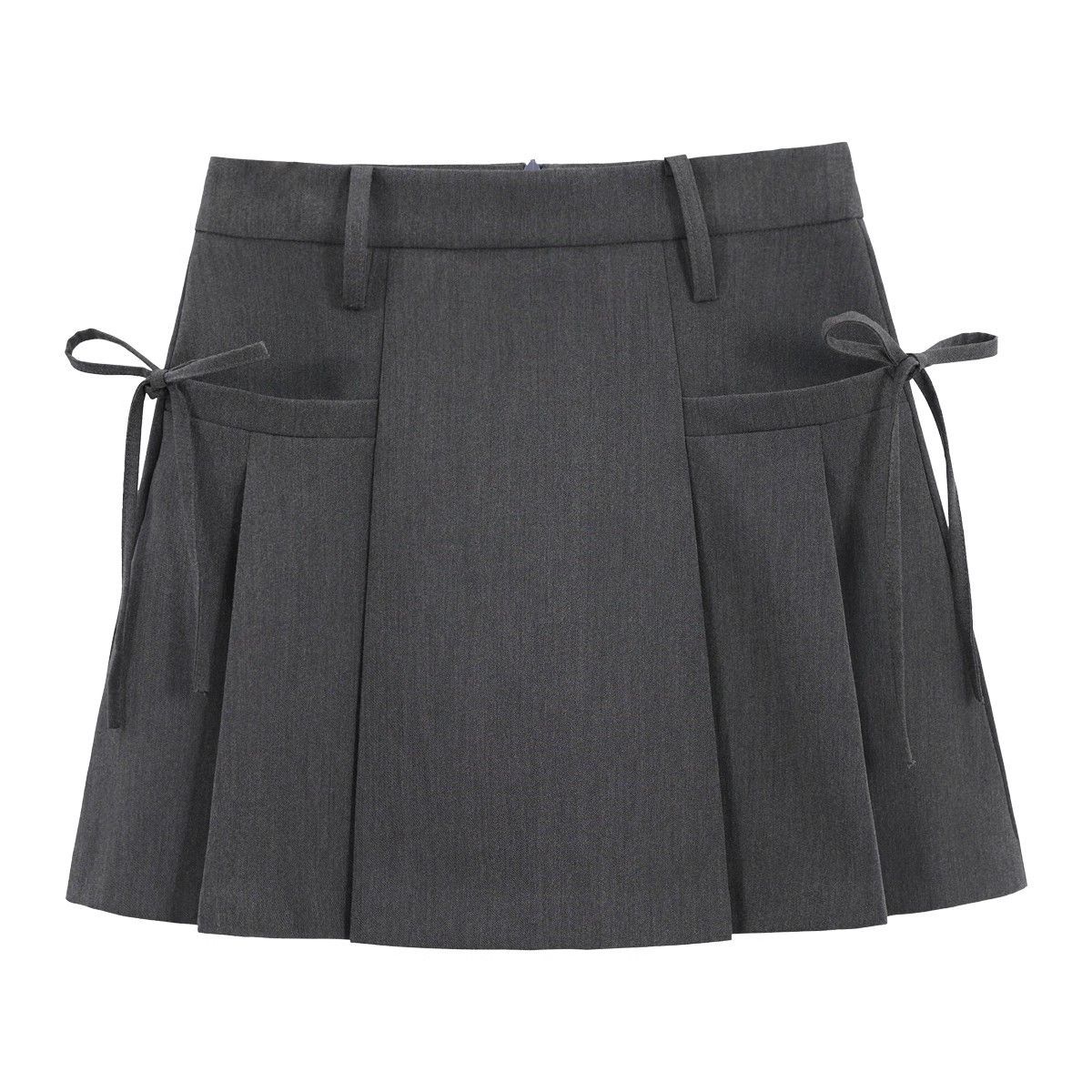 Grey Pleated Skirt Women's Anti-glare High Waist Slim A- line Skirt Design Sense Lace-up Bow Suit Short Skirt