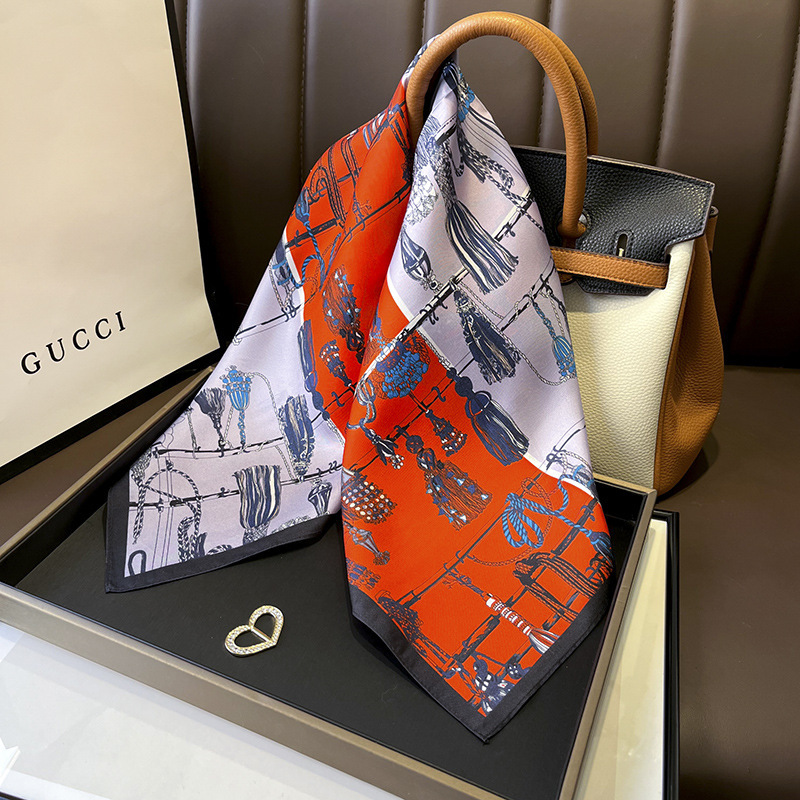 Picture of Spring and Autumn Thin Japanese and Korean Sweet Champagne Color Small Floral Silk Mulberry Silk 70cm Square Scarf Silk Scarf Hair Band Headwear Women