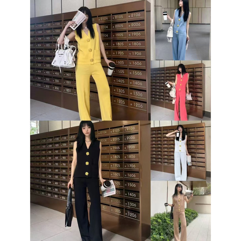 High-end xiangfeng two-piece suit women's spring and summer all-match large gold button knitted cardigan coat sweater casual trousers