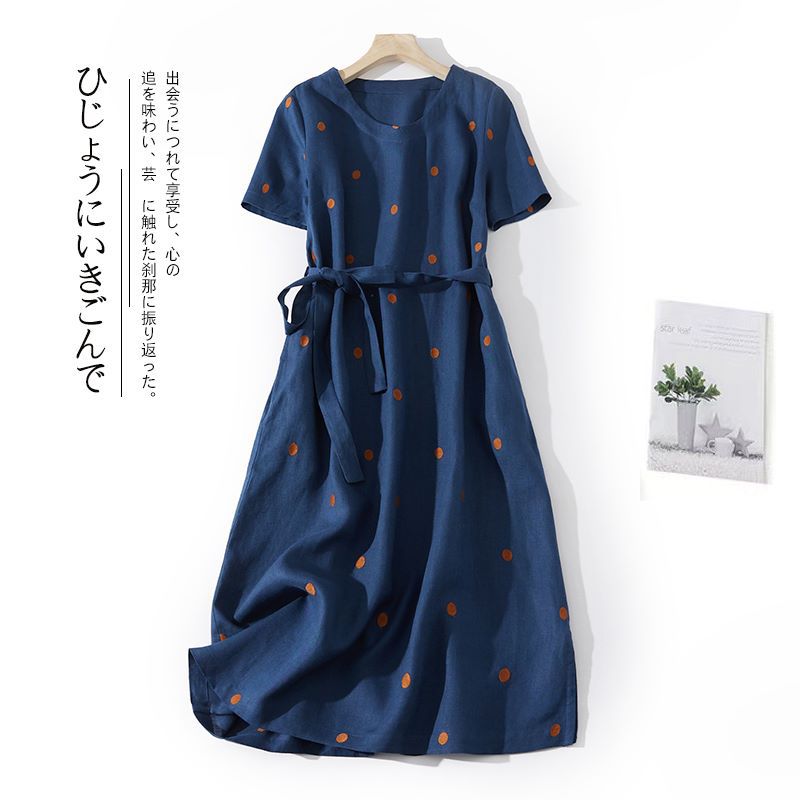 2024 Summer New Cotton and Linen Printed Artistic Wave Dot Small Mid-length dress Lace-up Waisted Slimming Short-sleeved Skirt