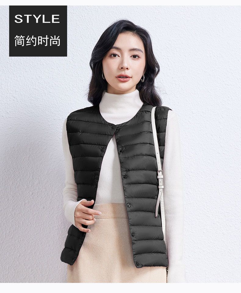 Picture of Autumn and Winter New Lightweight down Jacket Women's Liner Vest Short Round Neck Inner Wear Collarless Lightweight Bottoming Pure Color Vest