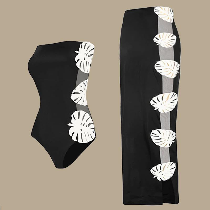 2024 European and American Swimwear New Design Hot Girl Black and White Strapless Leaves Stitching Hollow-out Swimsuit suit Women