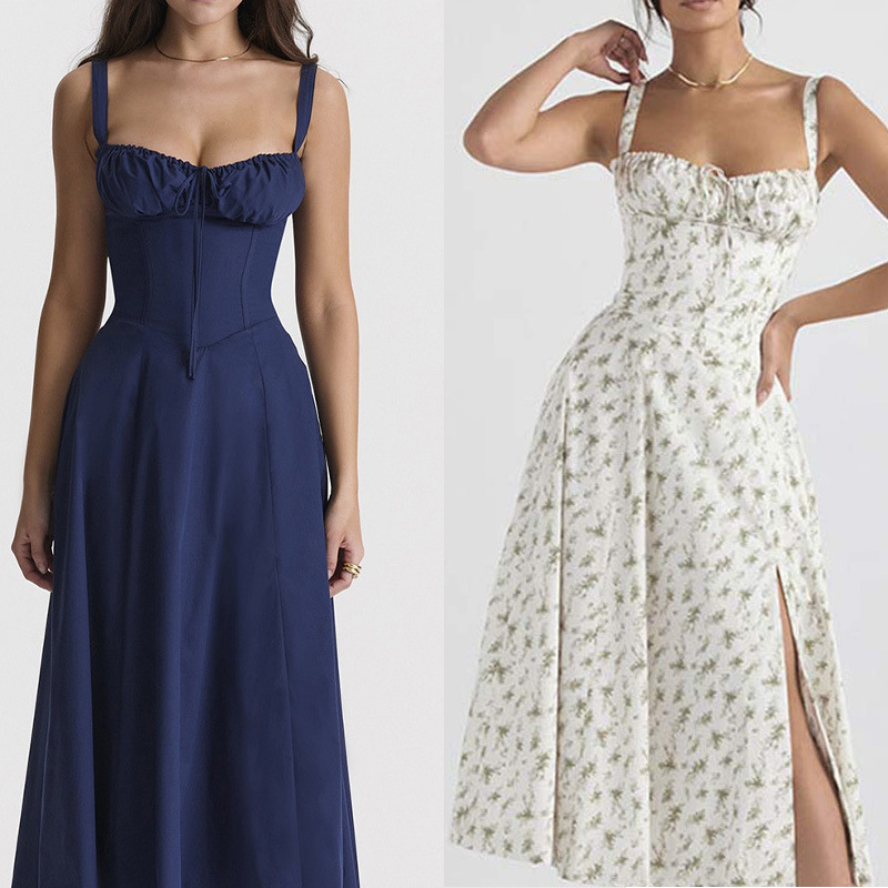 Amazon Cross-Border Foreign Trade Women's Floral Temperament Suspender Off-Shoulder Waist Long Back Strap French Dress