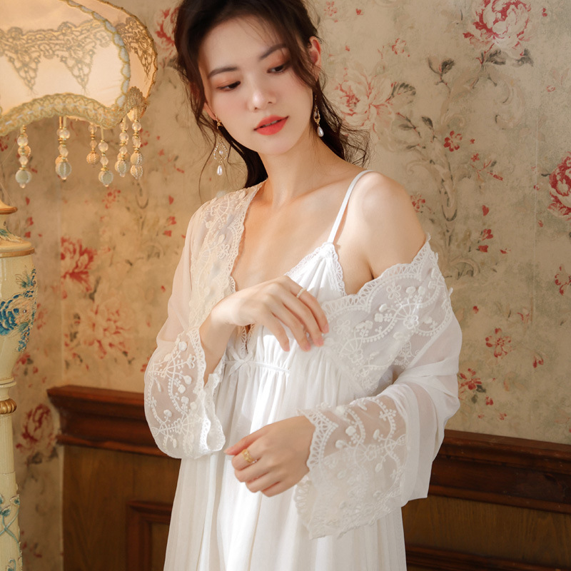 Long-sleeved Nightgown Women's Spring Chest Pad Suspender Skirt Cotton Court Style Pajamas Mesh Morning Gown Sexy Outer Wear Home Clothes Suit