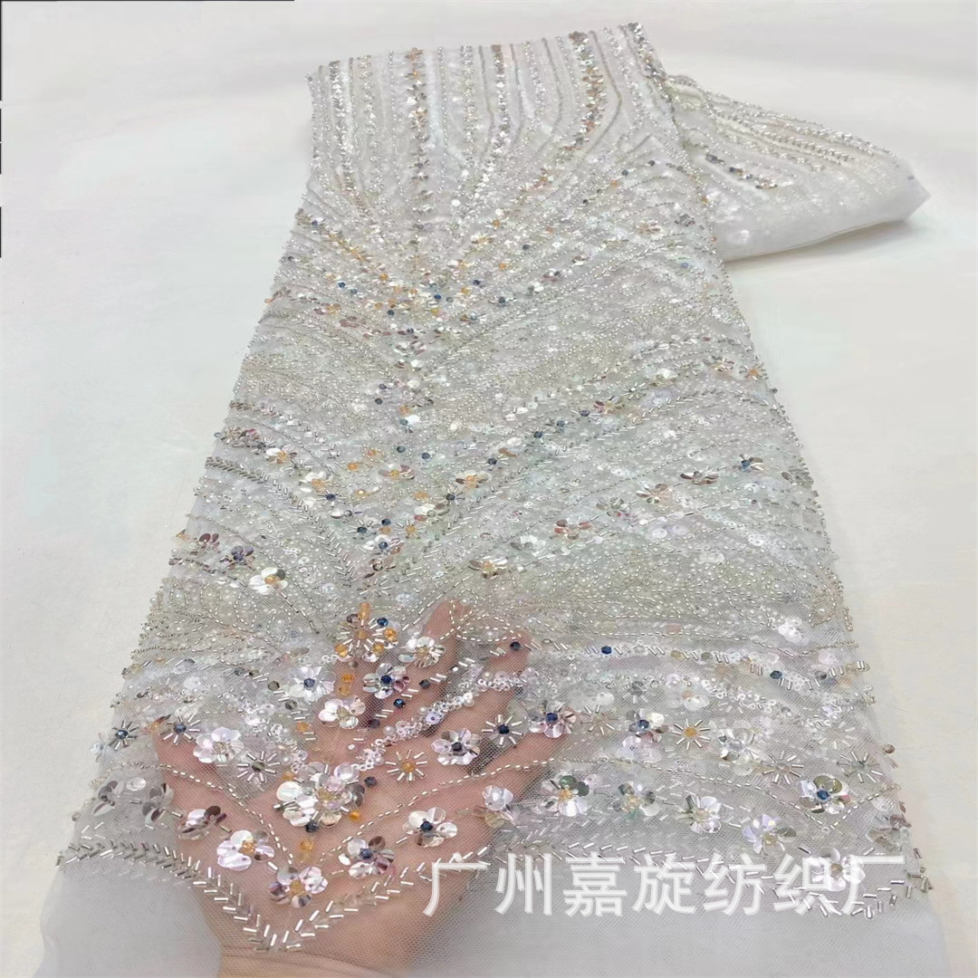 New Entry Light Luxury Crystal Color Glass Diamond Wedding Dress Fabric French Beads Lace JX4328
