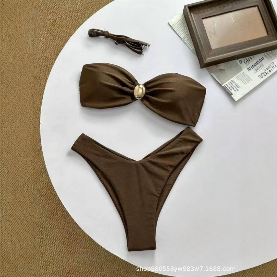 AliExpress Amazon European and American New Solid Color Inclined Shoulder Women's Three-point Split Bikini Holiday Swimsuit
