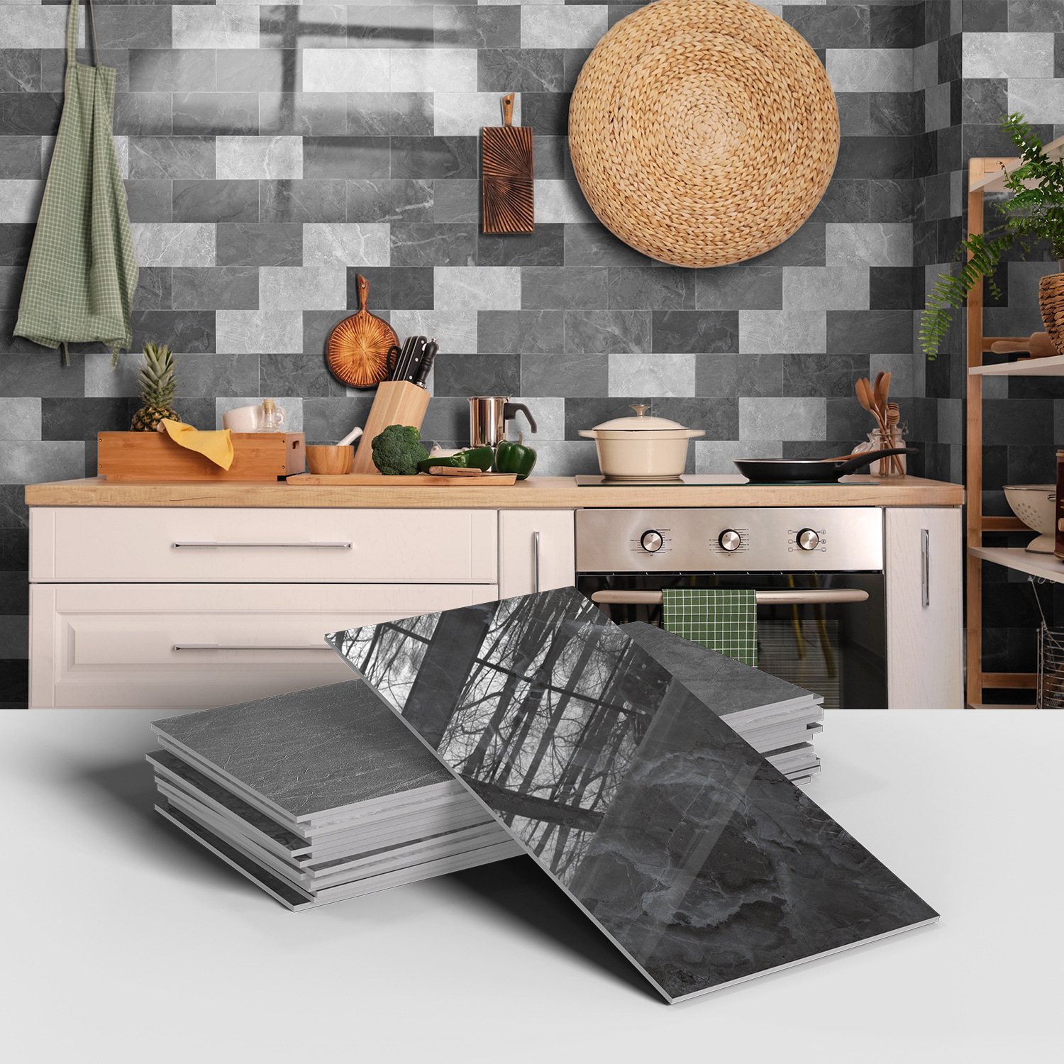 Picture of Crystal Marble Tile Wall Stickers Thickened PET Waterproof Self-adhesive Wallpaper for Kitchen Living Room Wall Decoration Cross Border