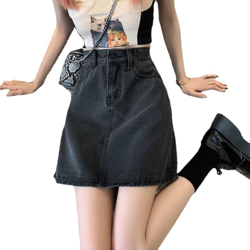 Picture of Summer Korean-style ins Black Grey High Waist Small Denim Skirt Women's All-match Slimming Hip A- line Short Skirt Trendy