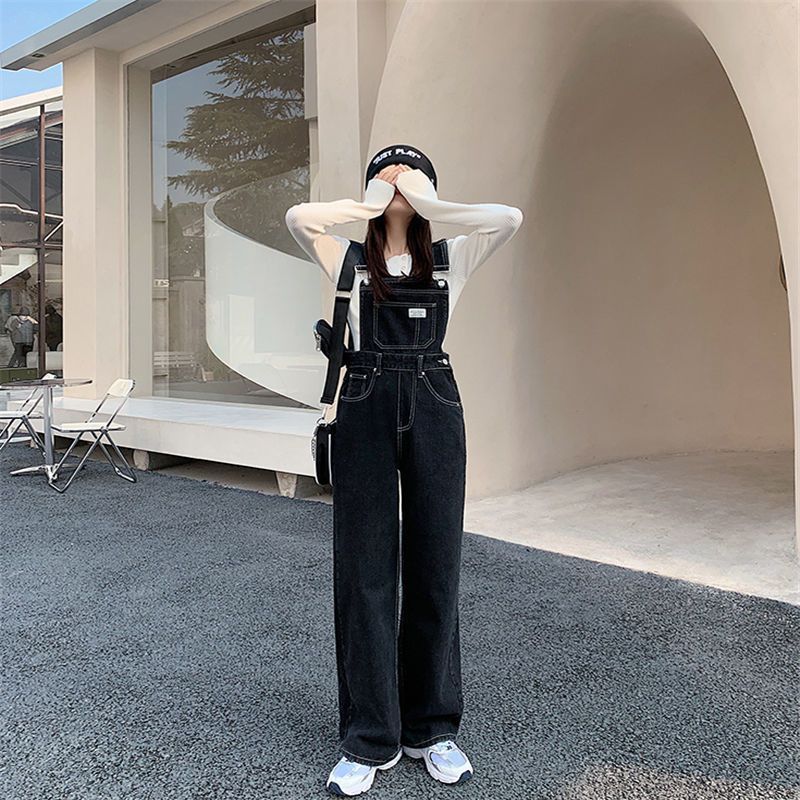 Fashion brand 2024 spring and autumn salt suspender pants tall high waist straight loose age-reducing one-piece Denim wide-leg pants for women