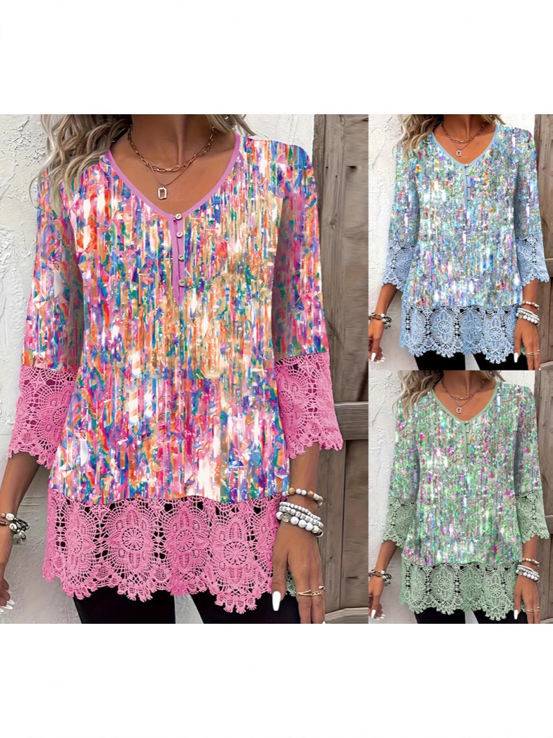 2024 cross-border new ladies lace seven-point sleeve top fashion casual