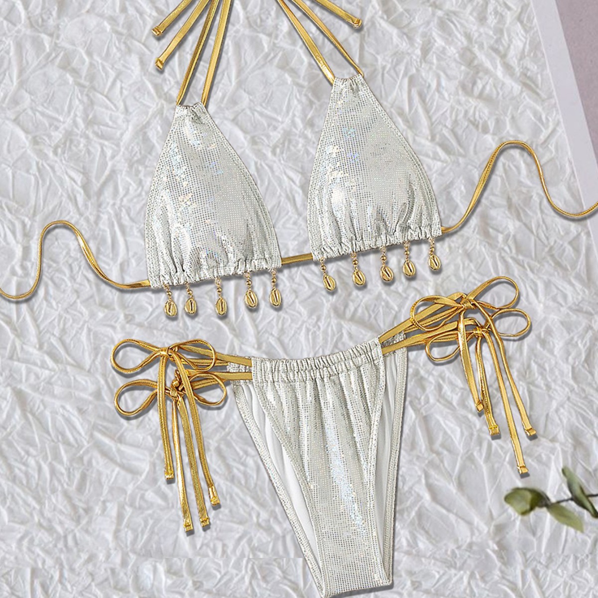 Cross-border Amazon Split Bronzing Swimsuit Neck Strap Shell Jewelry Pendant Women's Bikini Sexy Beach Suit