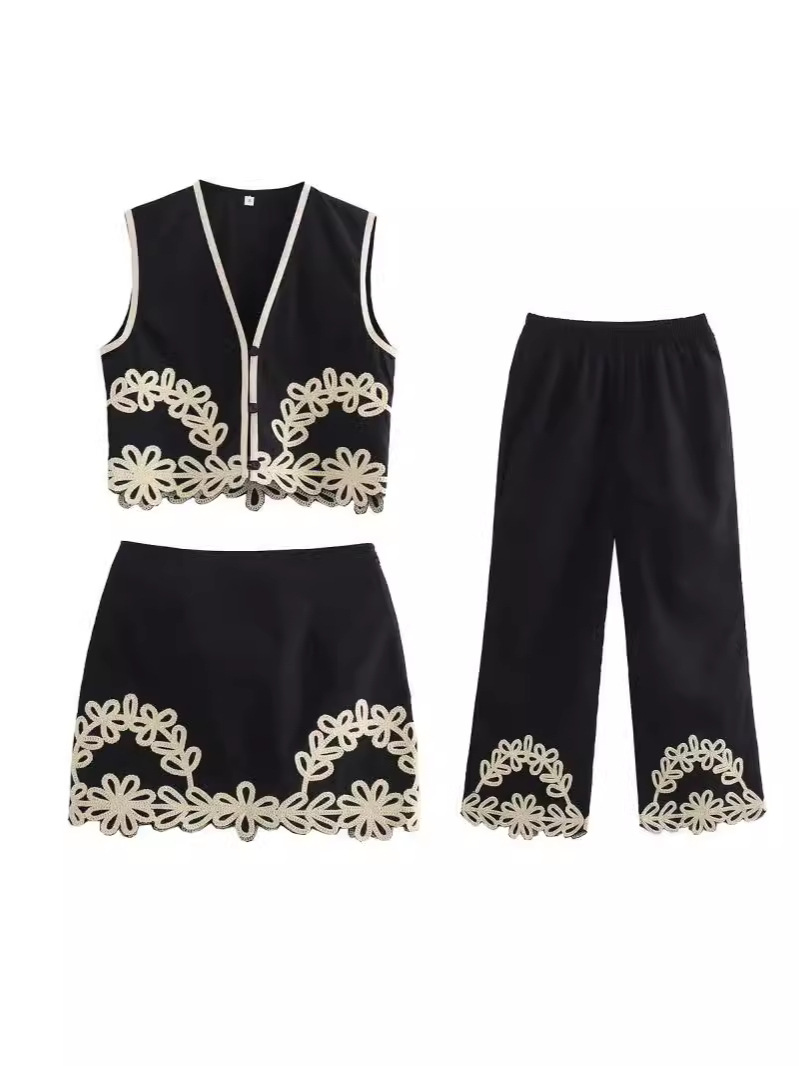 Cross-Border Wholesale 2024 Summer New Fashion and Elegant Sleeveless Embroidered Top + High Waist Skirt + Trousers Suit