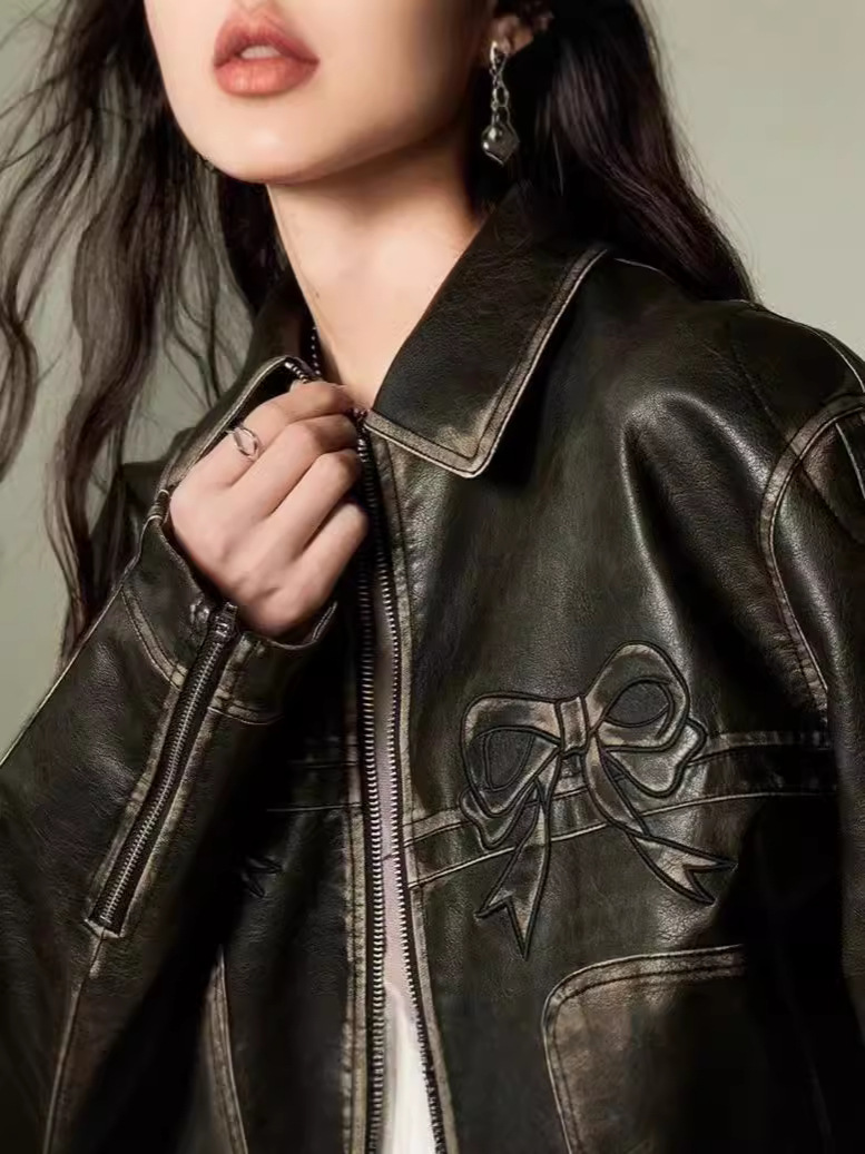 Picture of 2024 Cross-border New Autumn Bow Lapel Zipper Pocket Loose Casual Street Style Leather Jacket