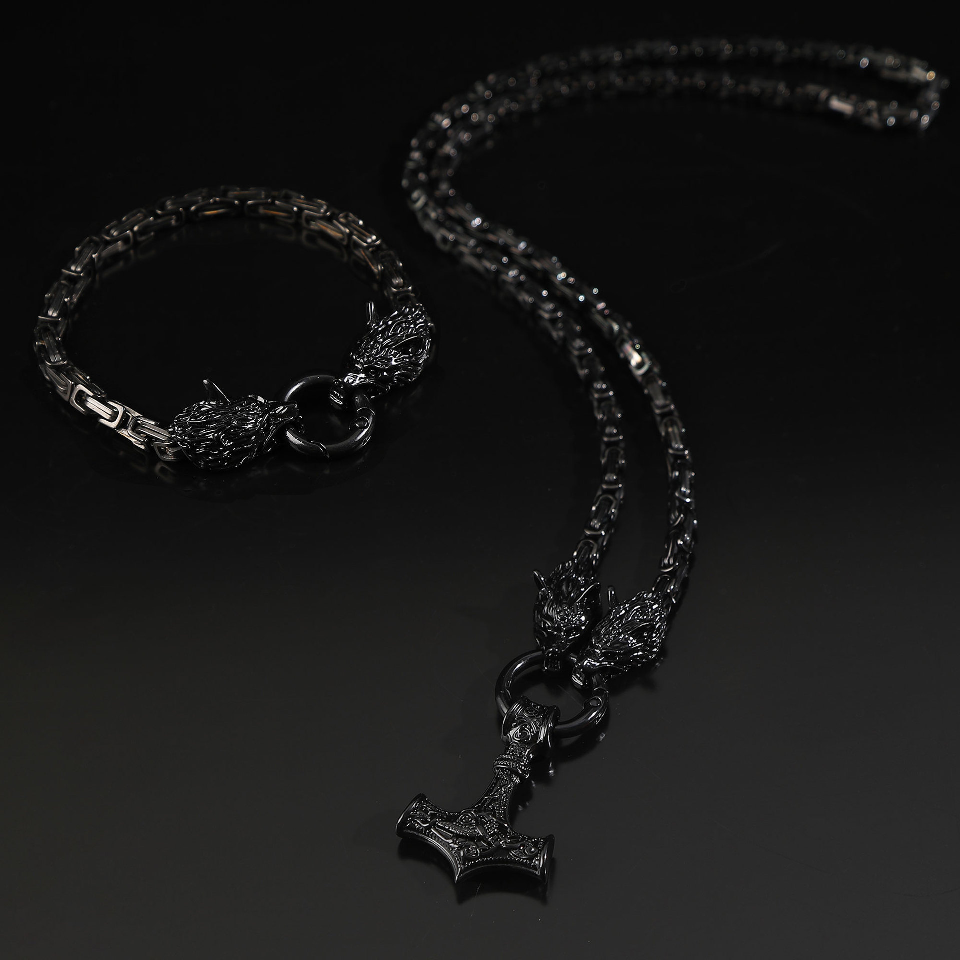 Picture of Foreign Trade Explosions Retro Nordic Viking Rune Hammer Pendant Wolf Head Necklace Bracelet Jewelry suit Stainless Steel Chain