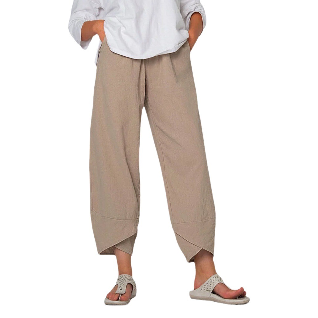2020 New Independent Station Wide Leg Pants Loose Casual Cotton and Linen Loose Waist Ankle-length Pants for Women 3178