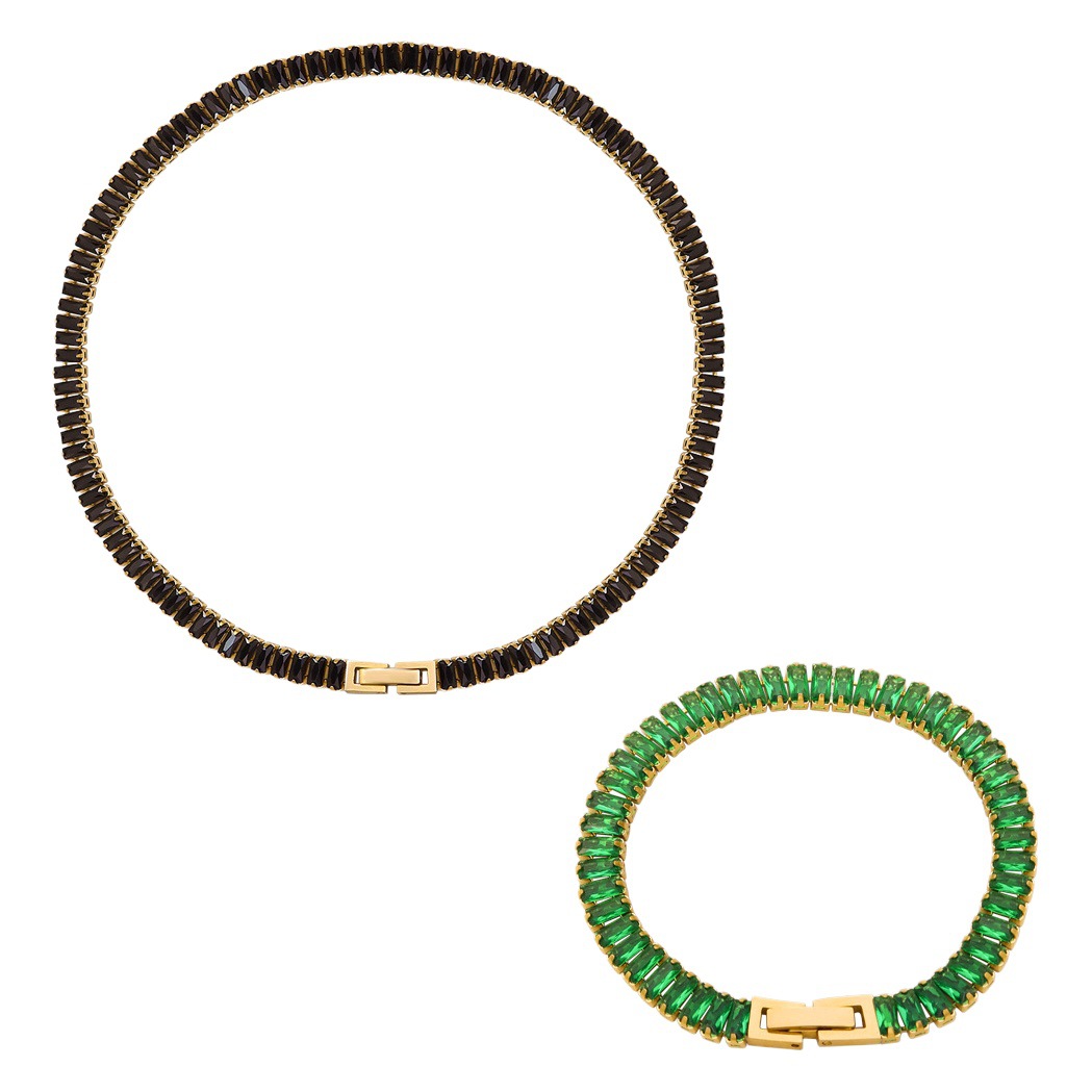 European and American style solid color retro colored diamond zircon inlay non-fading necklace bracelet jewelry suit foreign trade hot jewelry