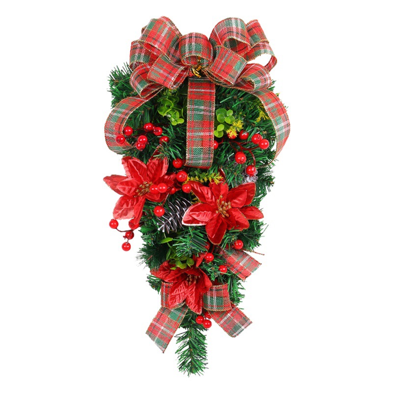 Hong Kong Love Christmas Flower Upside down Tree Classic Red and Green Plaid Wreath Door Hanging Shopping Mall Hotel Decoration Christmas Wreath Wholesale