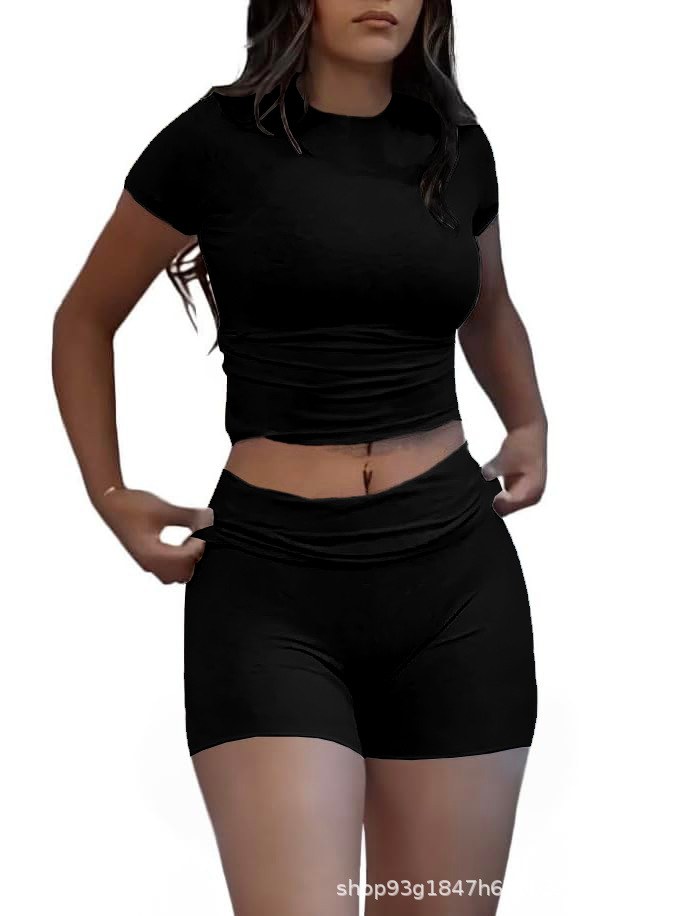European and American Cross-border Amazon Independent Station Crewneck Pullover Short-sleeved T-shirt High Waist Slim-fit Shorts Sports suit