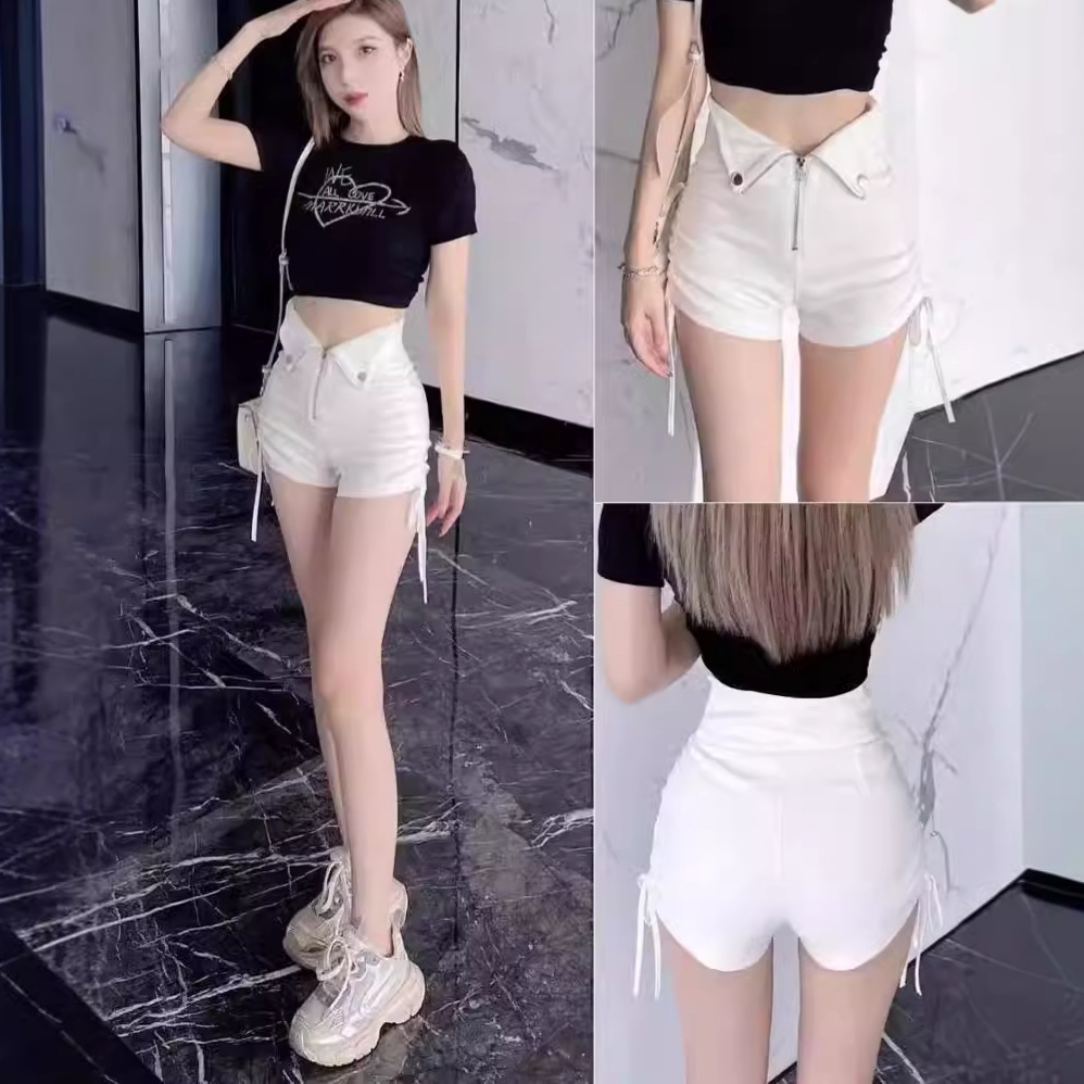Super High Waist Drawstring Black Shorts Women's Summer 2024 New High Waist Elastic Hot Girl Design Sense Niche A- Shown Hot Pants