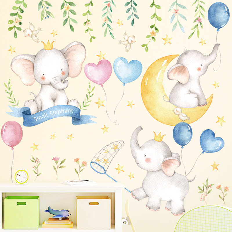 Cartoon Wall Stickers Children's Room Baby Bedroom Baby Elephant Balloon Animal School Kindergarten Layout Elephant Jump