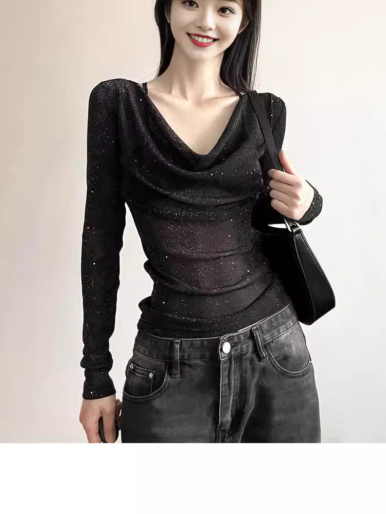 Picture of Original Fabric Unique and Chic Sequin Long-sleeved Women's Design Sense Fashion Micro-transparent Slim-fit Slimming Spice Girl Top Trendy