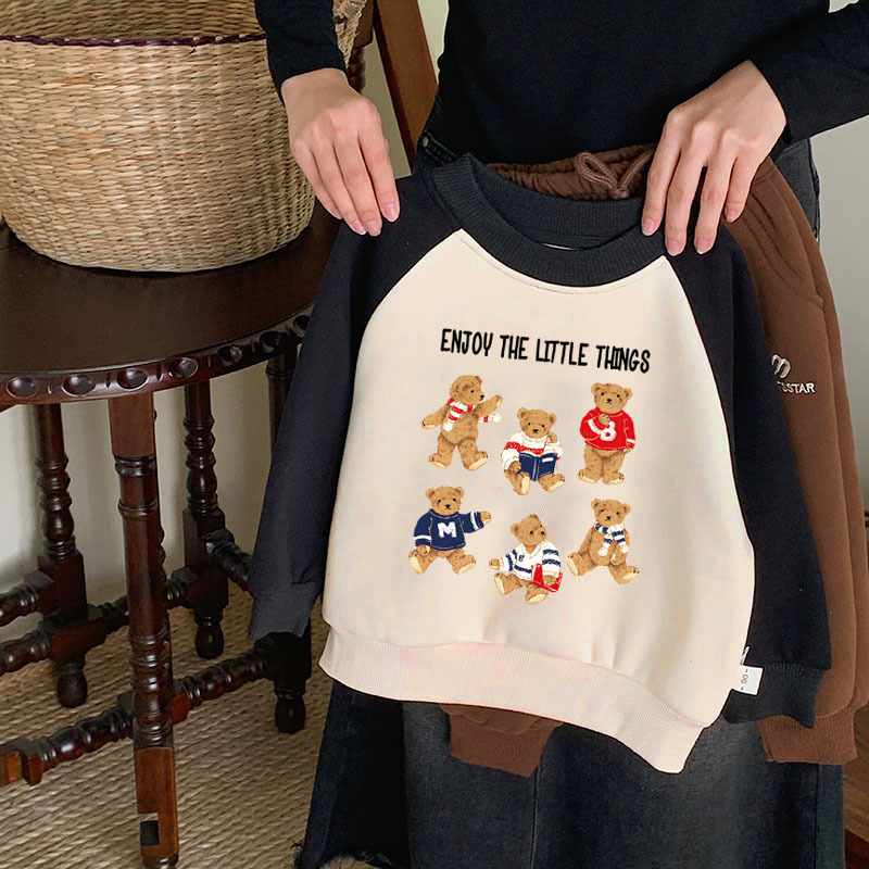 Fleece-Lined Children's Round Neck Sweatshirt Autumn Winter 2025 Trendy Versatile Cute Thick Warm Top for Boys and Girls