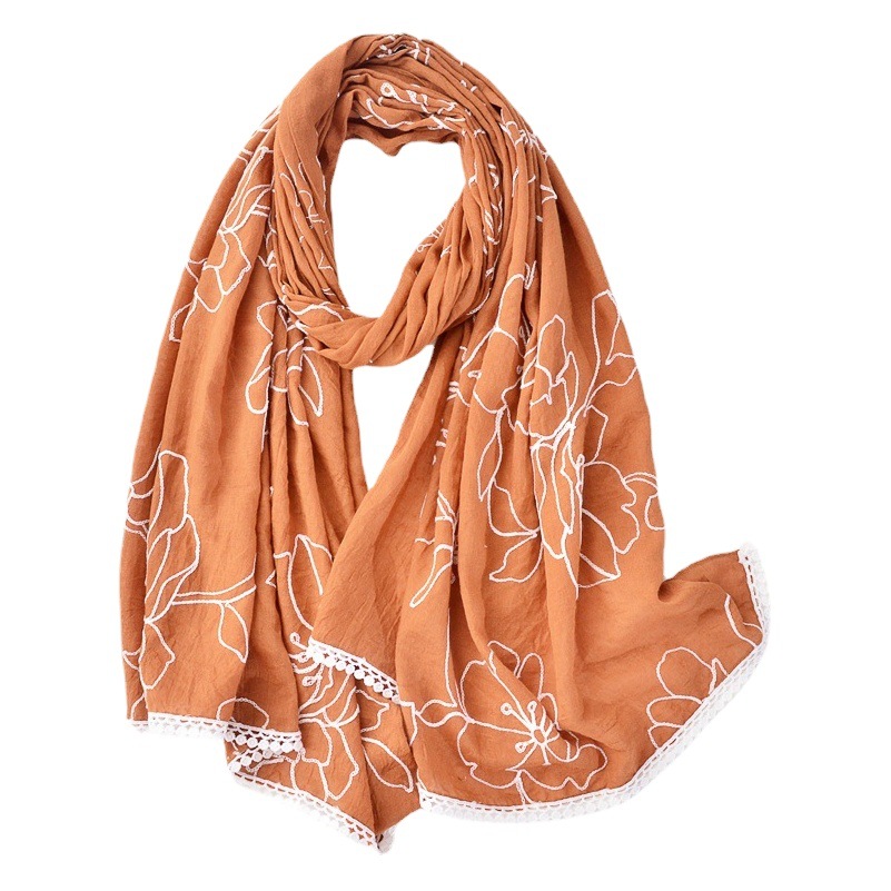 Foreign trade original single cut label monochrome black and white embroidered cotton and linen scarf orange lace tassel decorative shawl long gauze towel