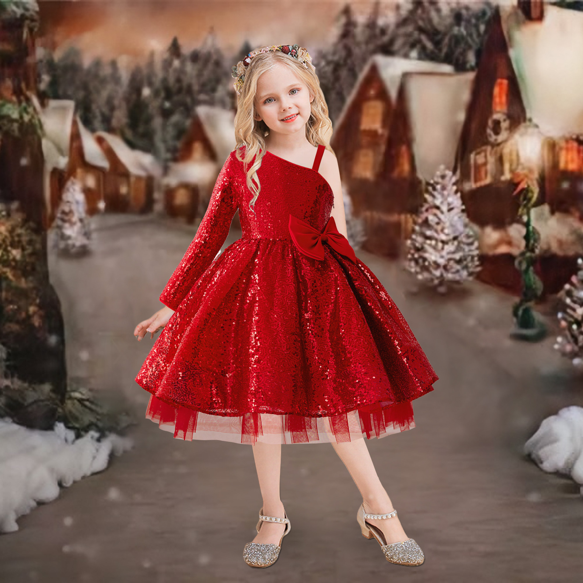 Girl's Tutu Dress 2025 New Sequin Cross Shoulder Long Sleeve Catwalk Red Piano Dress for Small Host