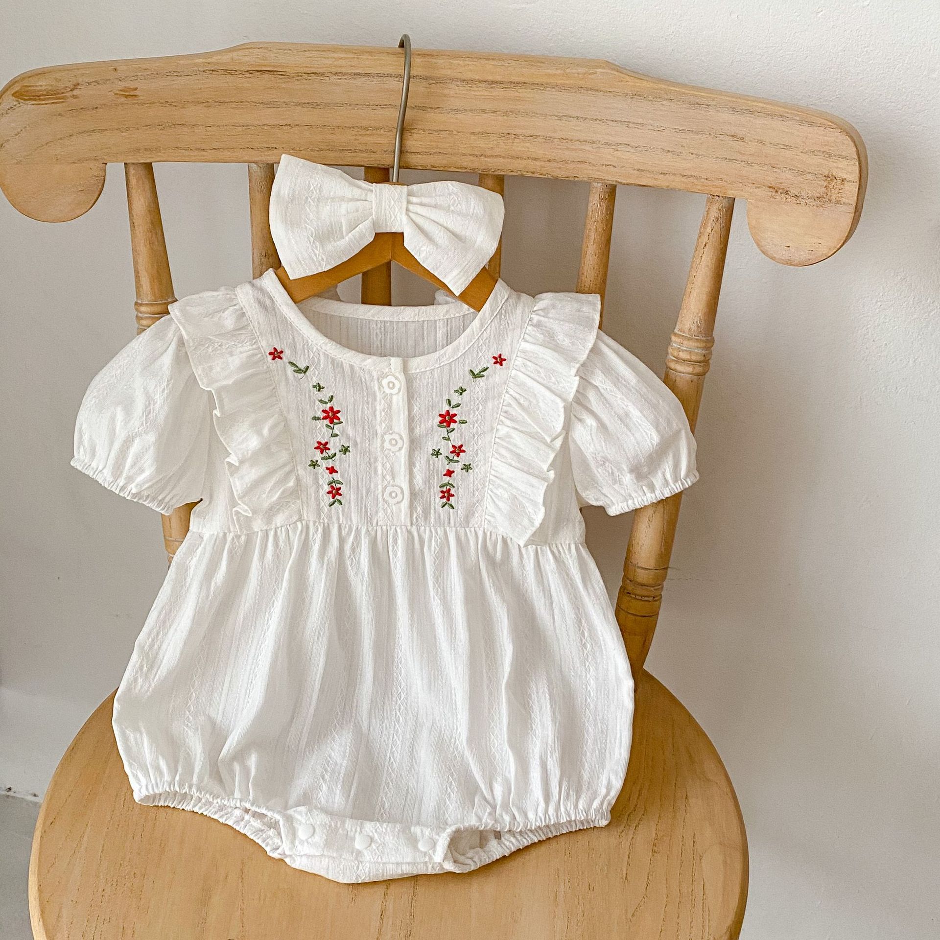 Picture of 2025 Summer Baby Clothes, Cotton, Stylish Embroidered Harem Clothes, Baby Girl's Round Neck Short-Sleeved Fart Clothes, One-Year-Old Rompers