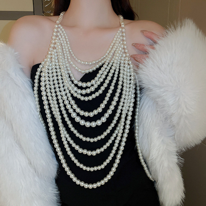 Picture of XH4523 European and American Cross-border Jewelry Pearl Fashion Multi-layer Necklace Chest Chain Sexy Chest Chain Pearl Body Chain Accessories