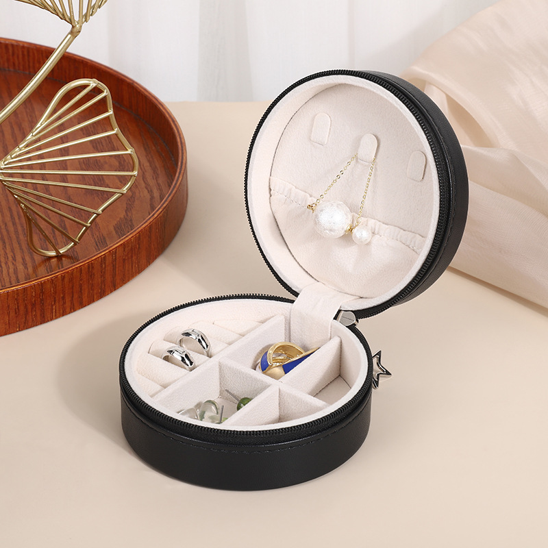 Picture of PU leather round jewelry box portable earrings earrings necklace ring compartment storage box travel jewelry box