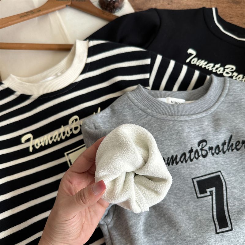 Picture of Children's sweater winter new boys and girls baby plus velvet thickened striped pullover baby letter printed top