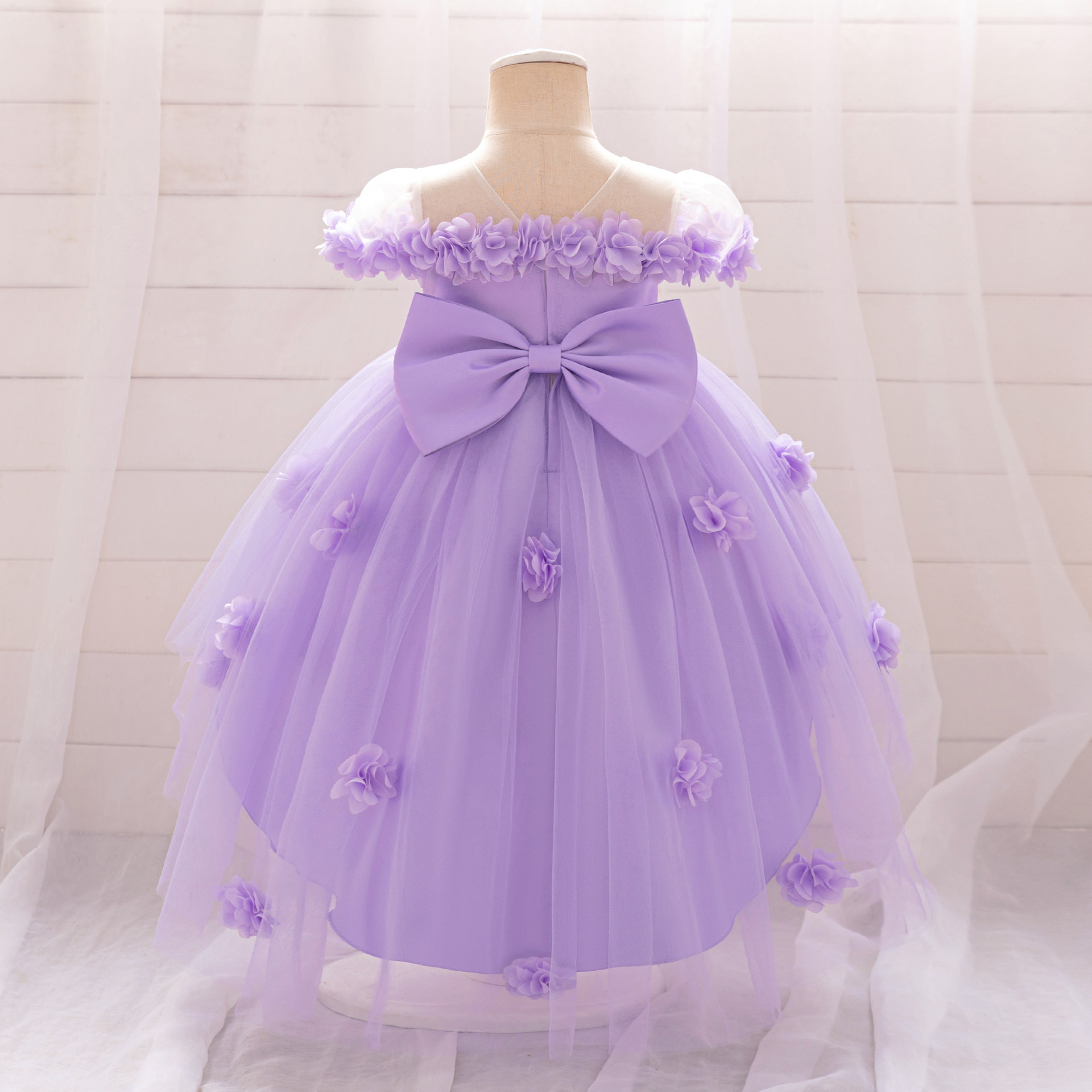 Cross-border New Children's Dress Bow Tail Princess Dress Floral Mesh Floral Dress Little Girl's Floral Dress