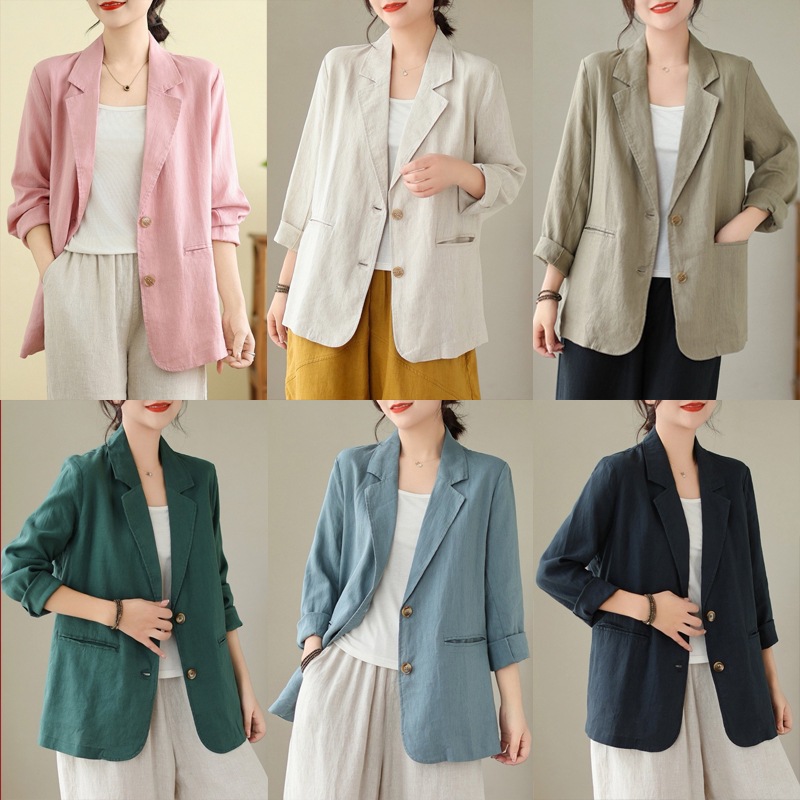 Actual Shot of 2025 Early Spring New Long-Sleeved Cotton and Linen Simple Small Suit Women's Casual Linen Small Suit Women's Jacket Trendy