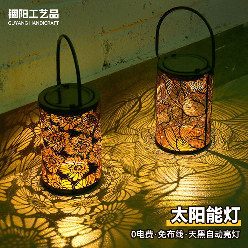 Amazon Explosions Solar Lantern Outdoor Waterproof Courtyard Villa Decorative Chandelier Chrysanthemum Hollow Iron Lamp