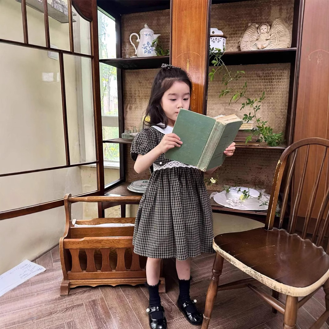 Picture of Girls dress summer new college style small plaid short sleeve dress dress for children a generation of hair